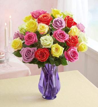 1-800-Flowers Two Dozen Assorted Roses with Purple Vase Flowers 1-800-Flowers 