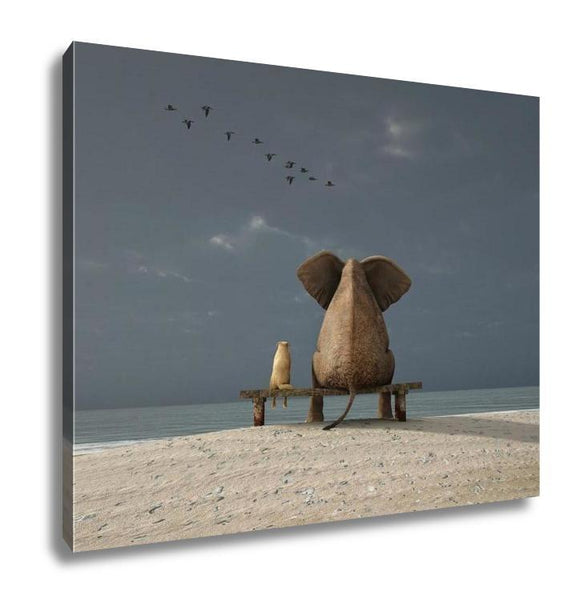 Gallery Wrapped Canvas, Elephant And Dog Sit On A Deserted Beach Gallery Wrapped Canvas Ashley Art Studio 