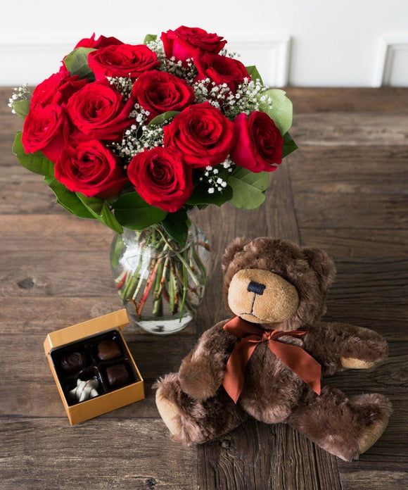 One Dozen Red Roses with Godiva Chocolate and Stuffed Teddy Bear Flowers US Drop Ship 