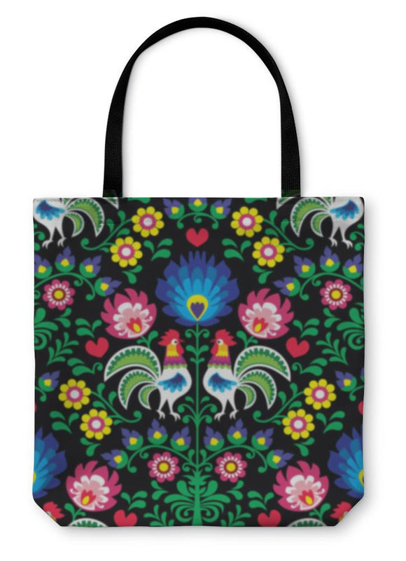 Tote Bag, Polish Folk Art Pattern With Roosters Wzory Lowickie Wycinanka Tote Bag Gear New 