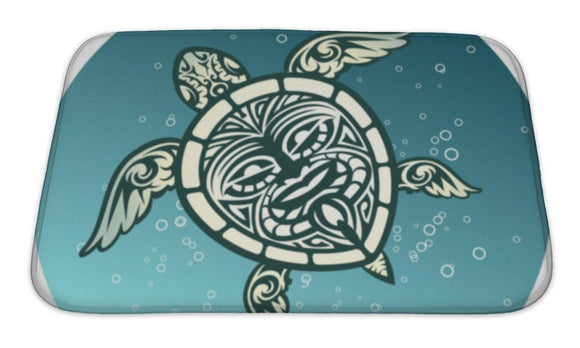 Bath Mat, Swimming Sea Turtle With Polynesian Tribal Pattern Bath Mat Gear New 