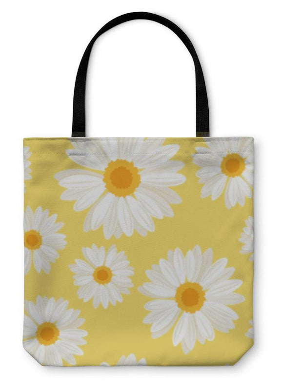 Tote Bag, With Daisy Flowers On Yellow Illustration Tote Bag Gear New 